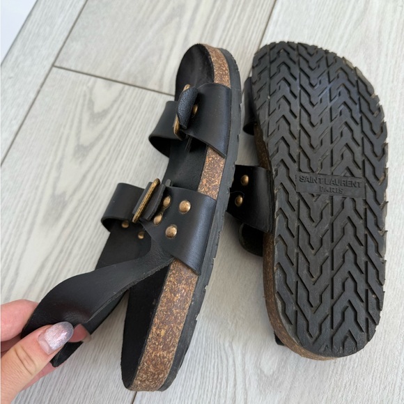 Saint Laurent 37.5 Jam Flat Slingback sandals black leather gold luxury summer - Picture 11 of 16